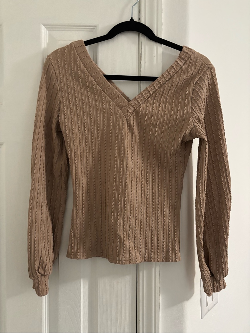 Textured V-Neck Long Sleeve Top - Beige